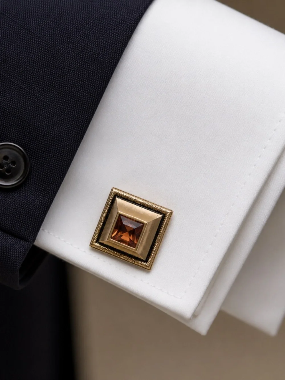 Vintage Hickok Amber Rhinestone Cufflinks & Tie Tack Set – Gold Tone Geometric